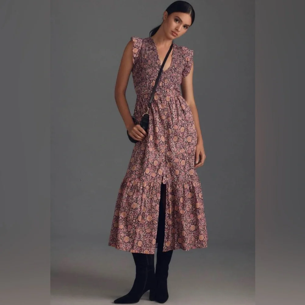 Anthropologie Dusty Rose Floral High-Low Maxi Dress - Picture 2 of 9